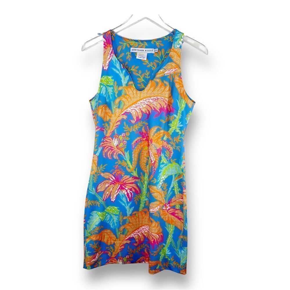 Gretchen Scott Wear Everywhere Sleeveless Colorful Tropical‎ Shift Dress Sz XS